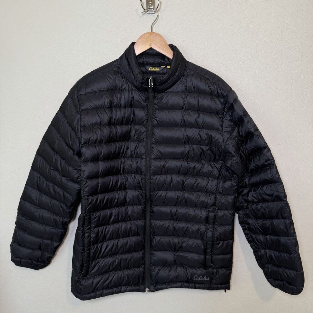 Cabelas Down Puffer Jacket Black Full Zip Outdoor Insulated Hiking Mens M*Flawed